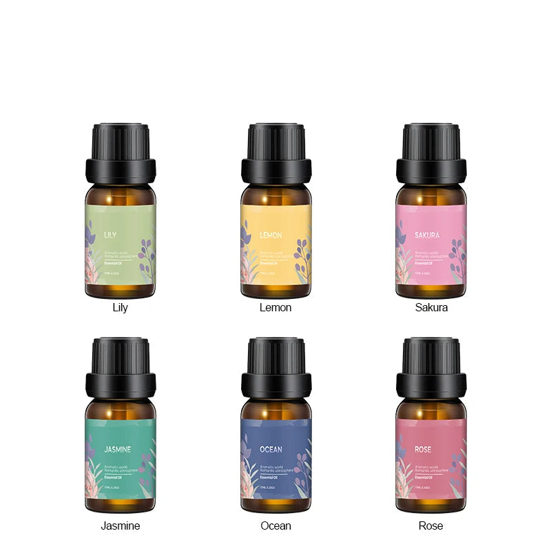 Essential Oils set. Fragrances: Lily, Lemon, Sakura, Jasmin, Ocean and Rose